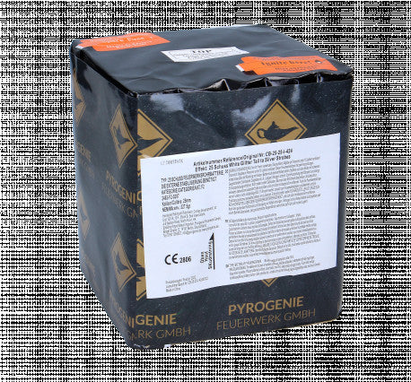 White Glitter Tail To Silver Strobes, 25-Schuss-Batterie